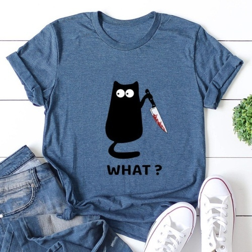 What? Hot Sale Funny Cat Printed Fashion Plus Size T-Shirt
