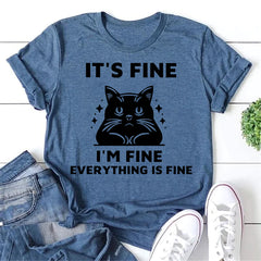 It's Fine Letter Cat Print Women Slogan T-Shirt