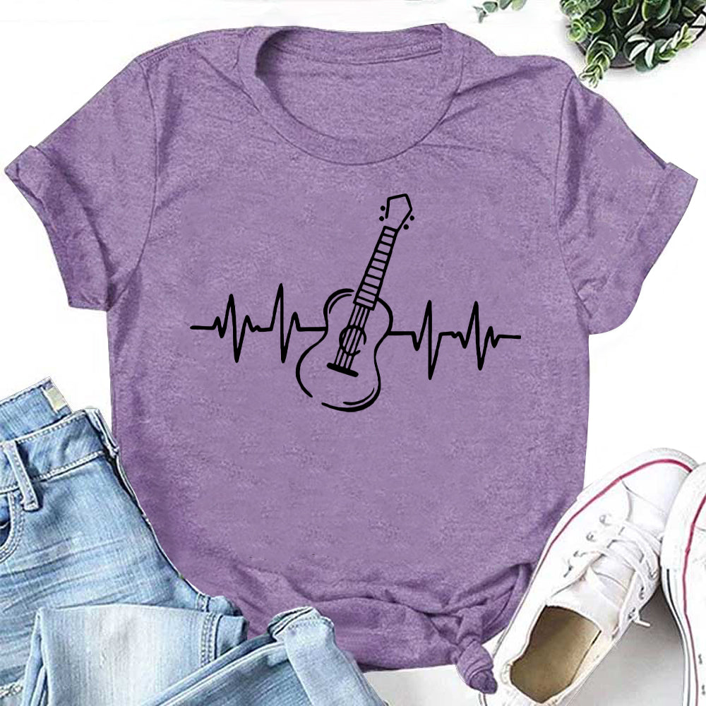 Guitar Electrocardiogram Print Women Slogan T-Shirt