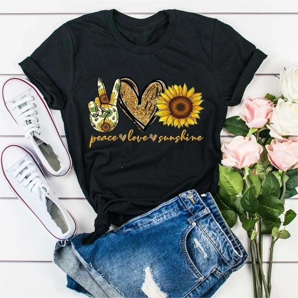 Sunflower Round Neck Summer Tops Peace Love Sunshine Graphic Plus Size T-shirts