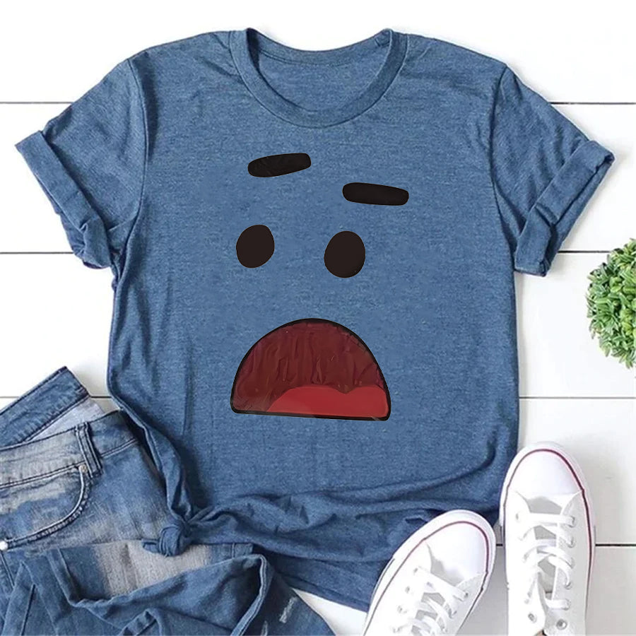 Cartoon Simple Expressions Print Women Slogan T-Shirt