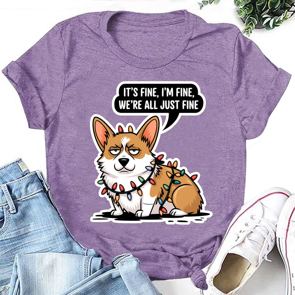 It's Fine I'm Fine Letter Lanterns and Dog Print Women Slogan T-Shirt