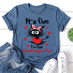 It's Fine I'm Fine Letter Cat and Heart Print Women Slogan T-Shirt