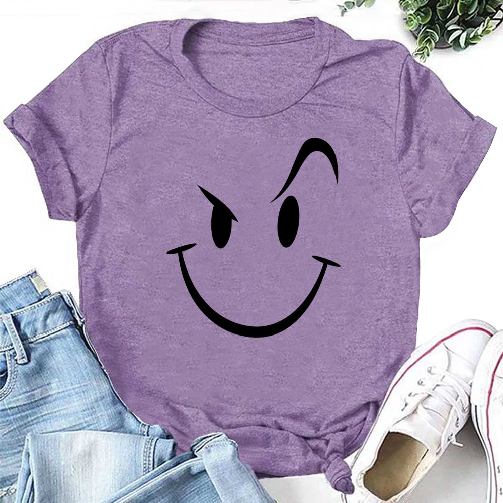 Simple Black Line Smiley Face Print Women Slogan T-Shirt