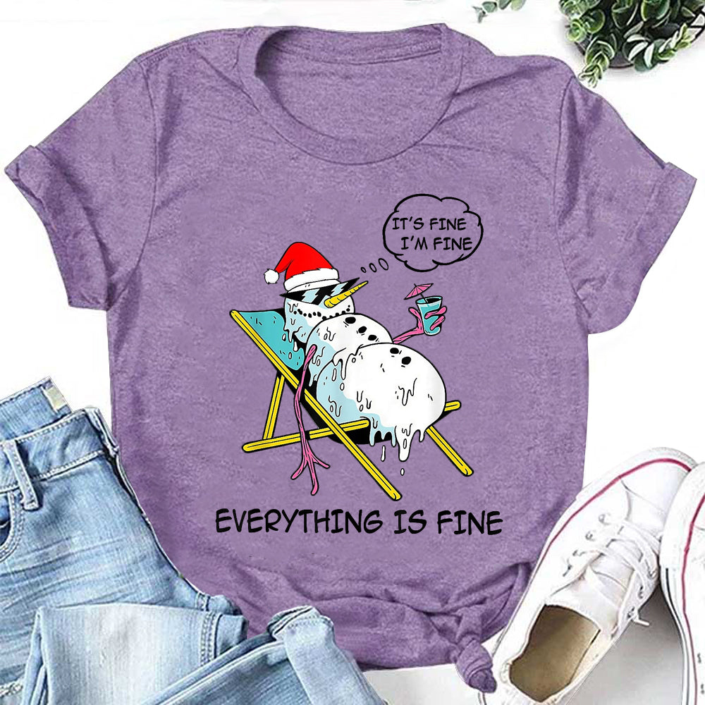 It's Fine I'm Fine Letter Melting Snowman Print Women Slogan T-Shirt