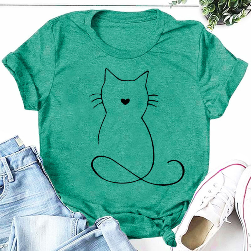 Cat Print Crew Neck Short Sleeve Plus Size T-Shirt