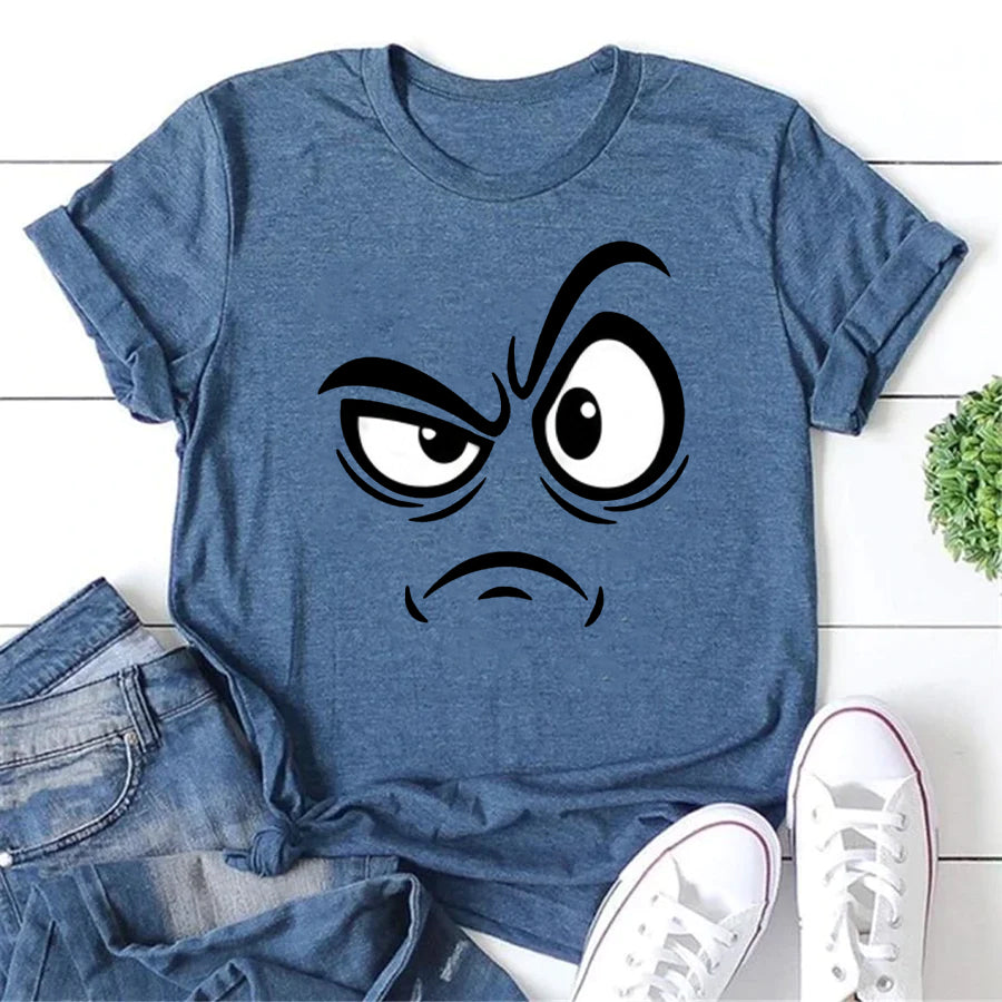 Angry Cartoon Face Print Women Slogan T-Shirt