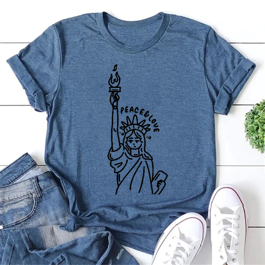 Peace And Love Statue Of Liberty Letter Print Women Slogan T-Shirt