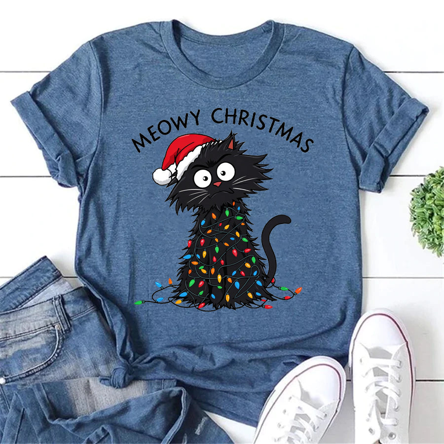 MEOWY CHRISTMAS Letter Print Women Slogan T-Shirt