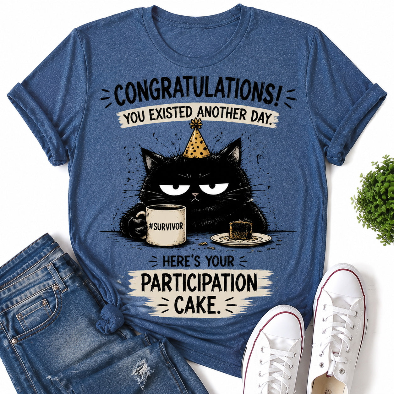 Here's Your Participation Cake Cat Print Women Slogan T-Shirt
