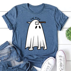 I'm Fine Letter Ghost Print Women Slogan T-Shirt