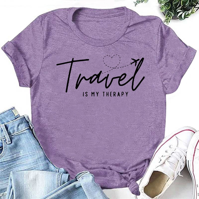 Travel Is My Therapy Letter Print Women Slogan T-Shirt