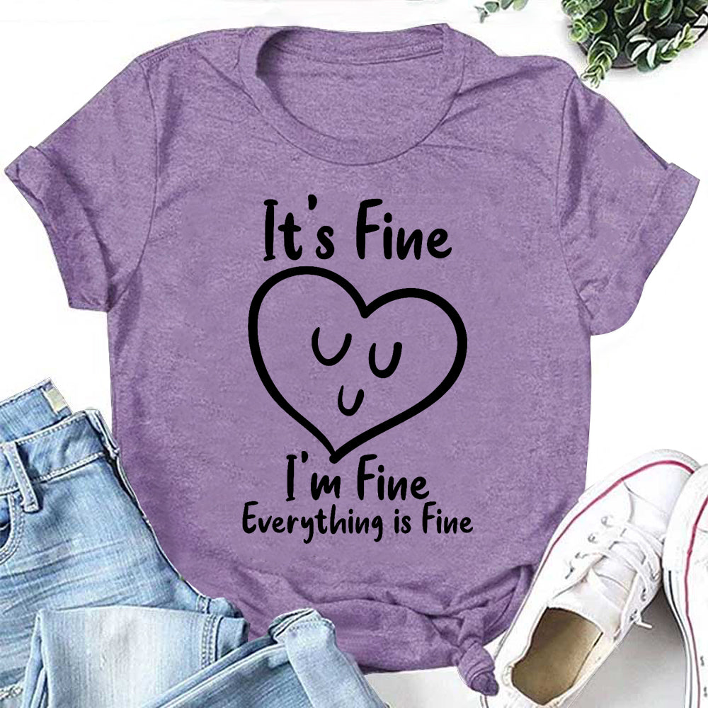 It's Fine Letter Heart Print Women Slogan T-Shirt