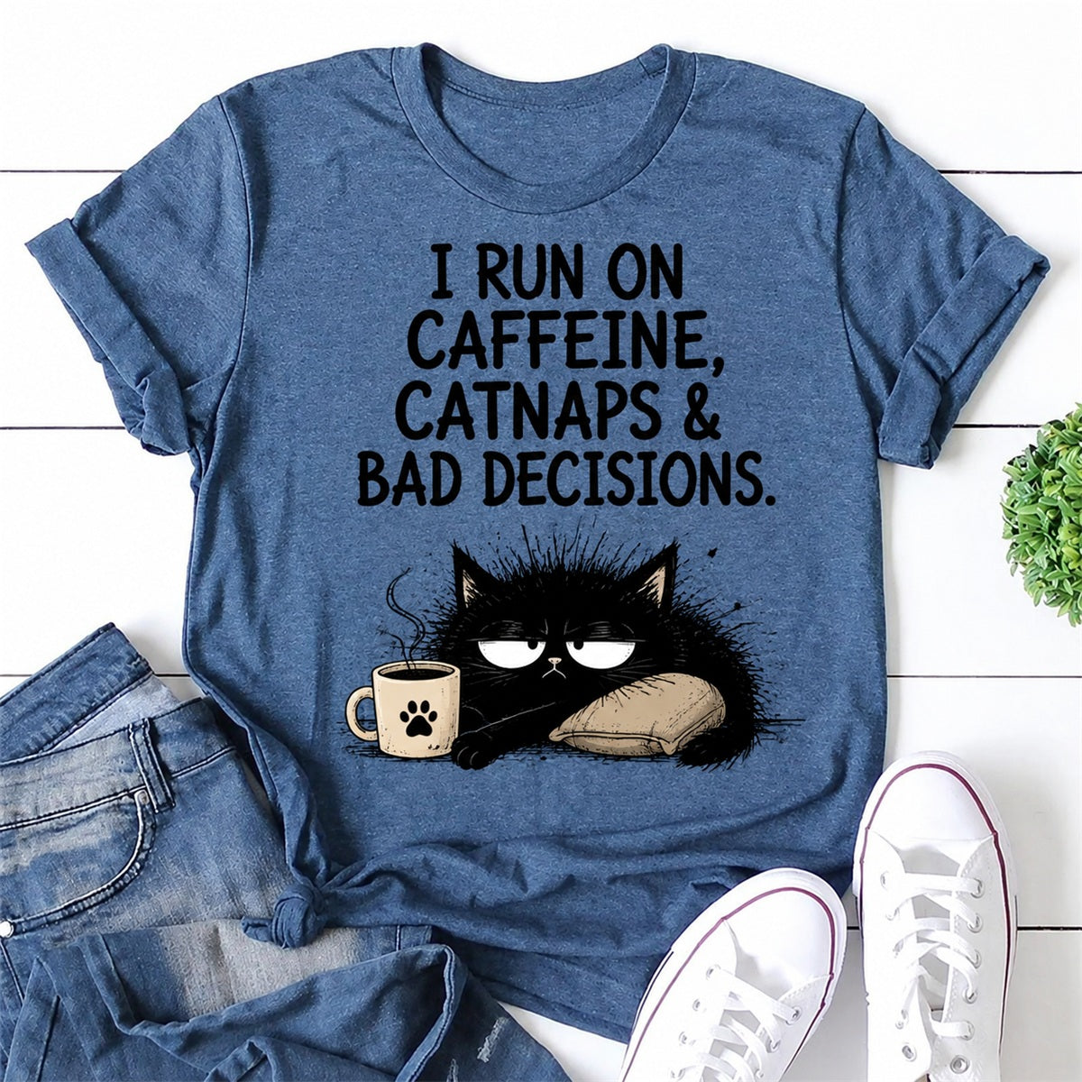 I Run On Caffeine Cat Print Women Slogan T-Shirt