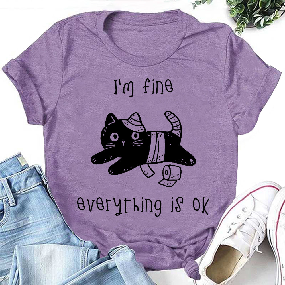 I'm Fine Everything Is Ok Letter Cat Print Women Slogan T-Shirt