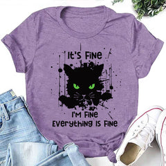 It's Fine I'm Fine Letter Green Eye Cat Print Women Slogan T-Shirt