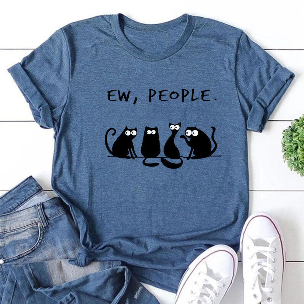 Ew People Cat Cartoon Print Cotton Plus Size T-Shirt