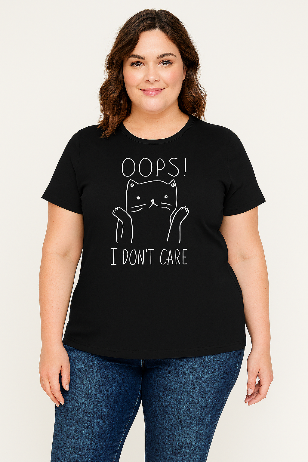 "OOPS I DON´T CARE" Cat Print Plus Size T-Shirt