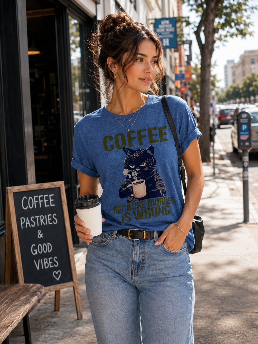 Chat buvant du café en coton imprimé graphique 