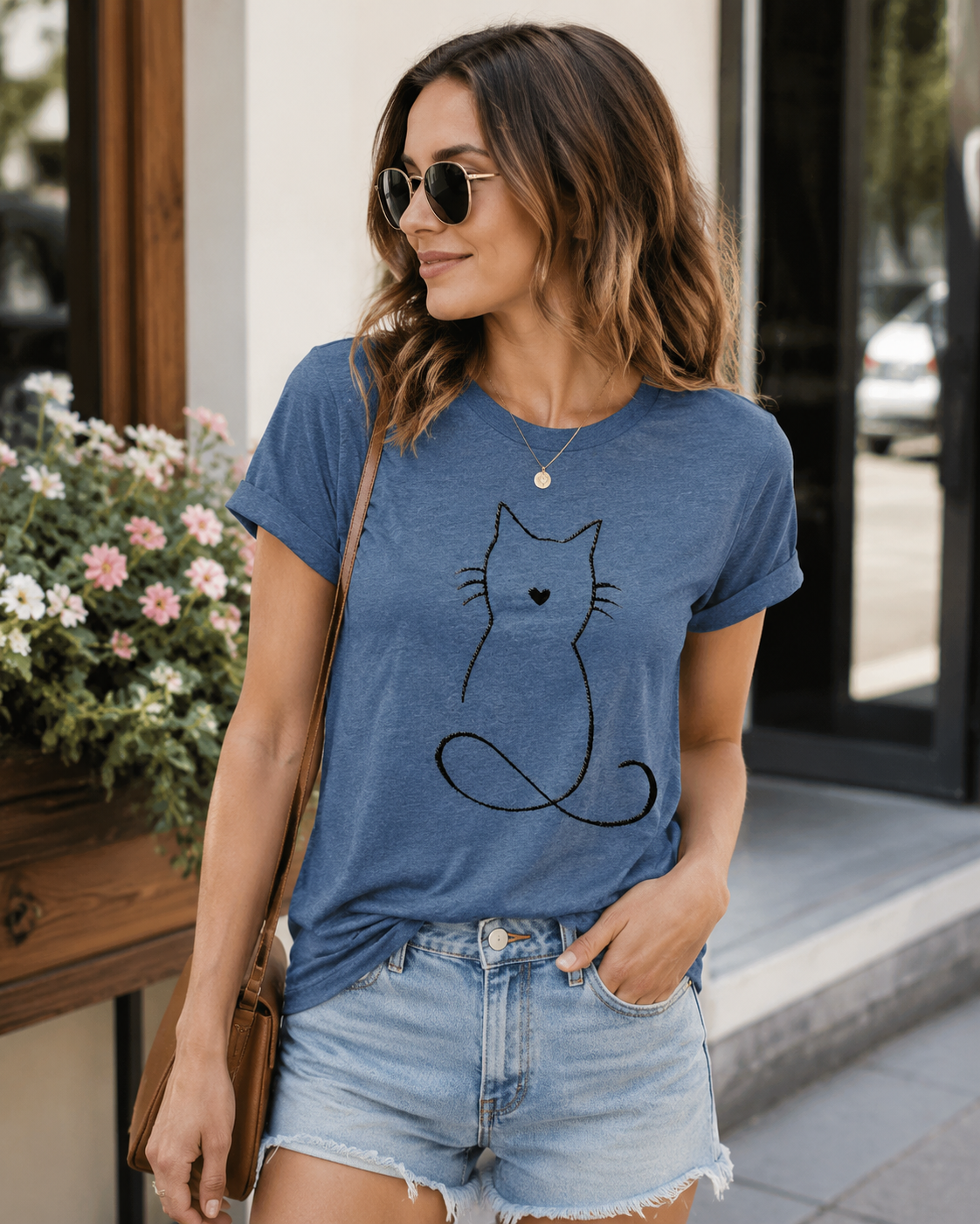 T-shirt à manches courtes et col rond imprimé chat 