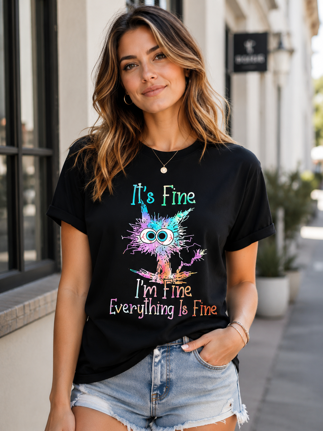 C'est bien, je vais bien, tout va bien, t-shirt avec slogan imprimé chat pour femme 