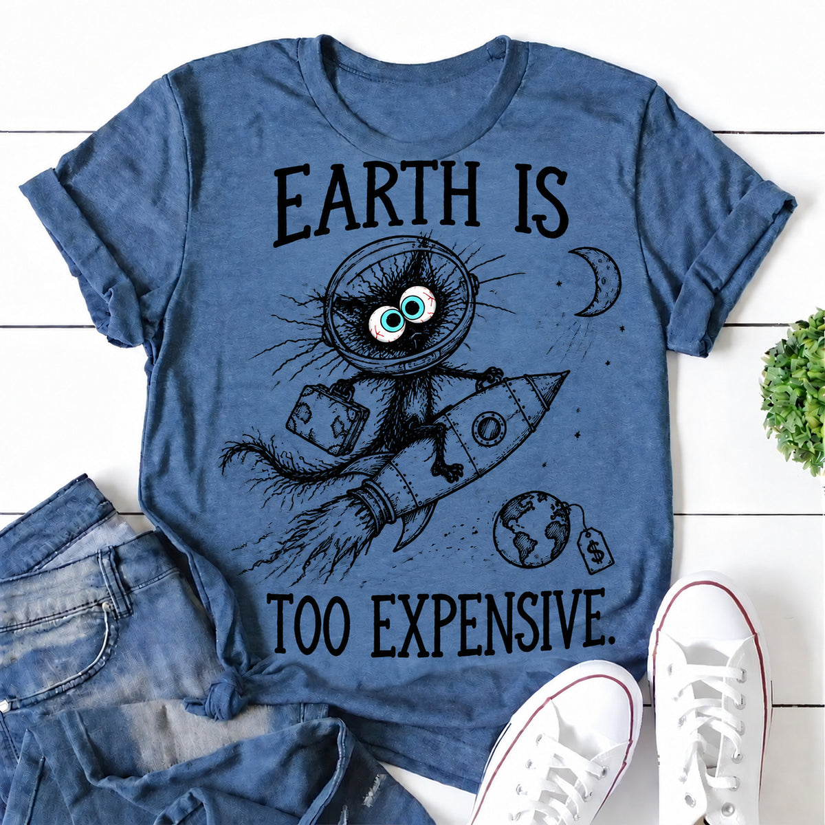 Blue women's T-shirt with Earth Is Too Expensive graphic