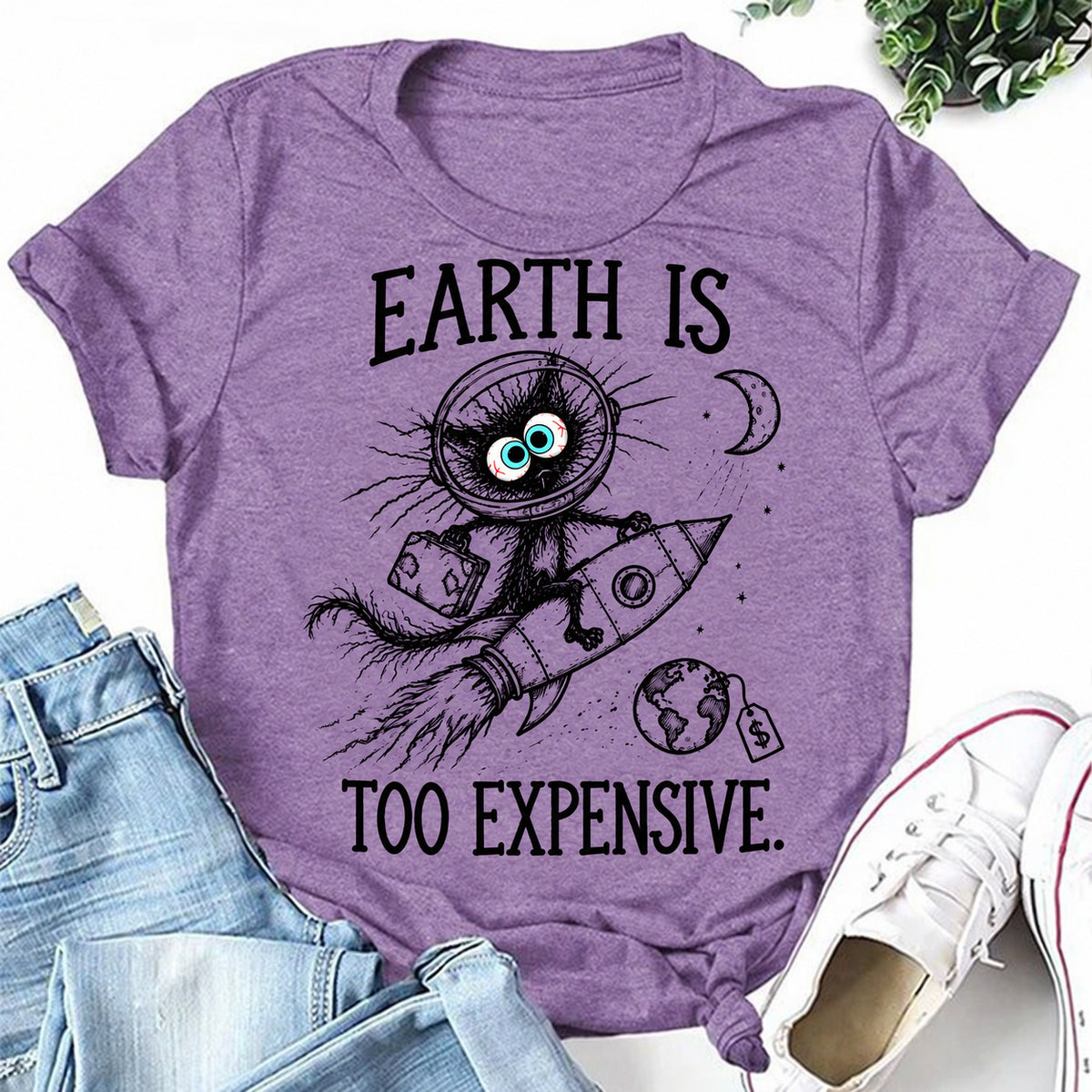 Purple women's T-shirt with Earth Is Too Expensive graphic