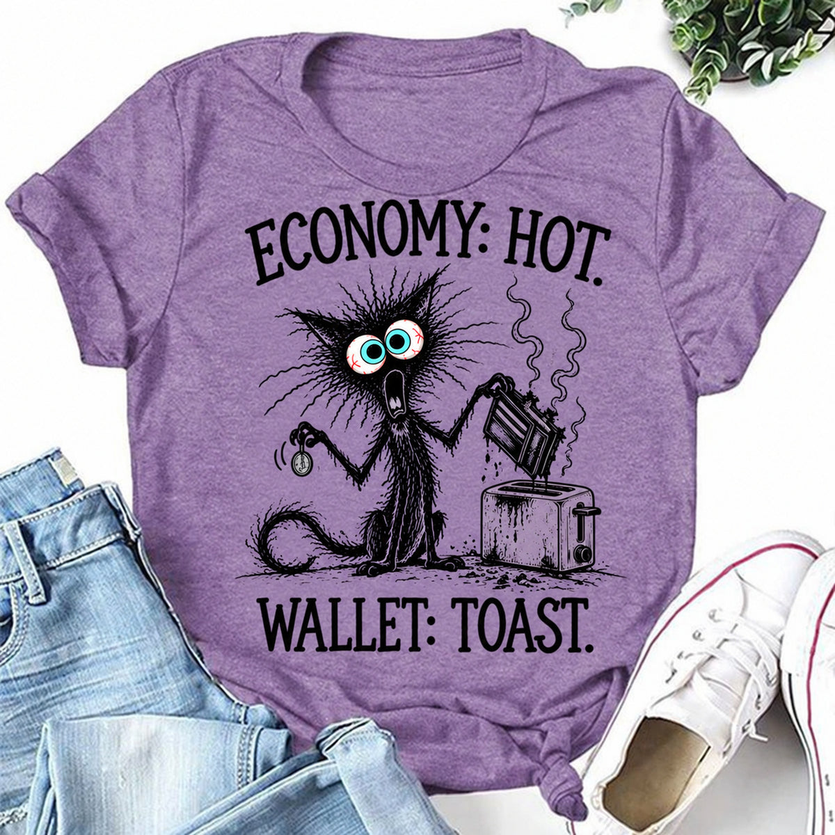 Purple women's T-shirt with Economy: Hot. Wallet: Toast graphic