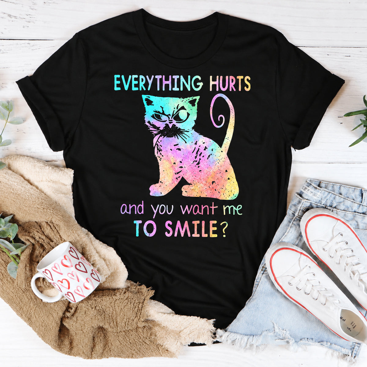 Black women's T-shirt with Everything Hurts And You Want Me To Smile? graphic