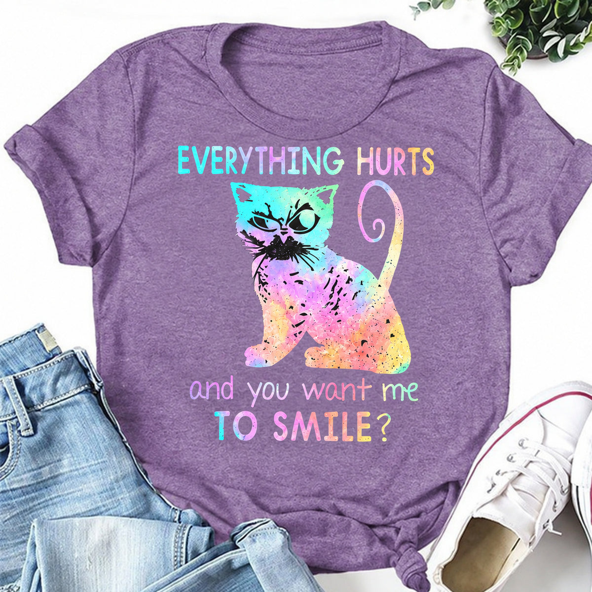 Purple women's T-shirt with Everything Hurts And You Want Me To Smile? graphic