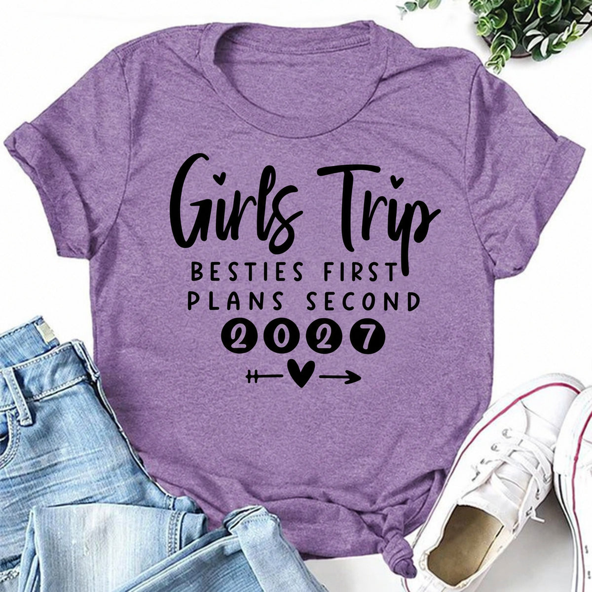 Purple women's T-shirt with Girls Trip Besties First Plans Second 2027 graphic