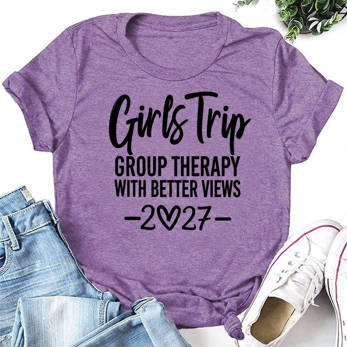 Purple women's T-shirt with Girls Trip Group Therapy With Better Views 2027 graphic