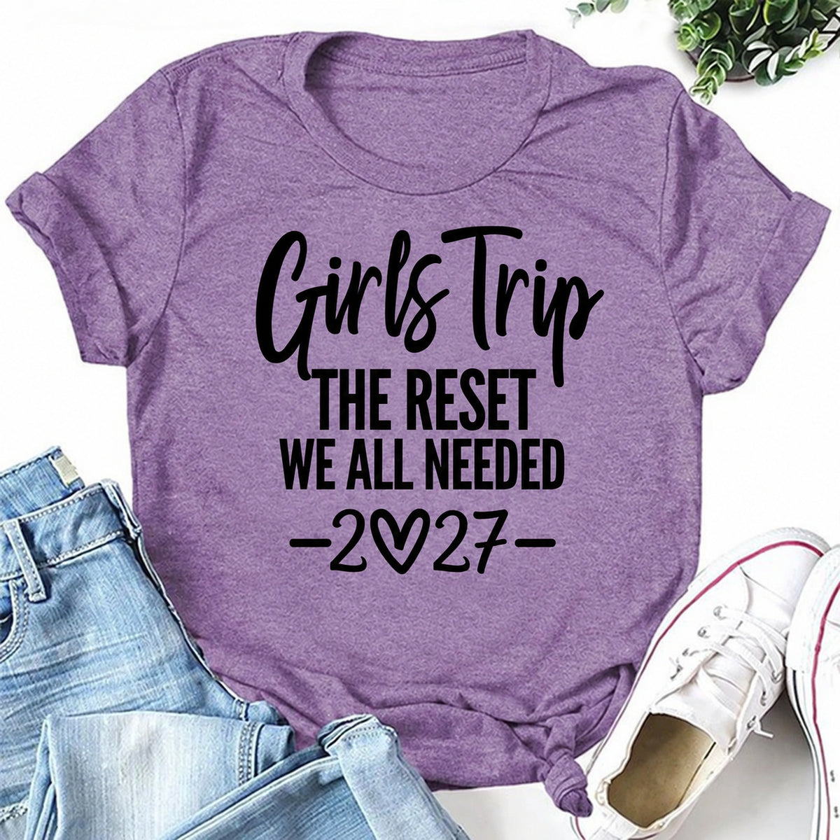 Purple women's T-shirt with Girls Trip The Reset We All Needed 2027 graphic