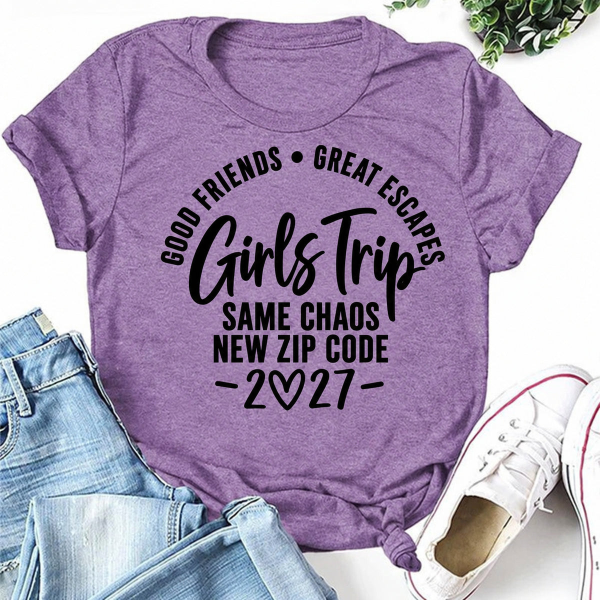 Purple women's T-shirt with Good Friends • Great Escapes • Girls Trip • Same Chaos New Zip Code • 2027 graphic