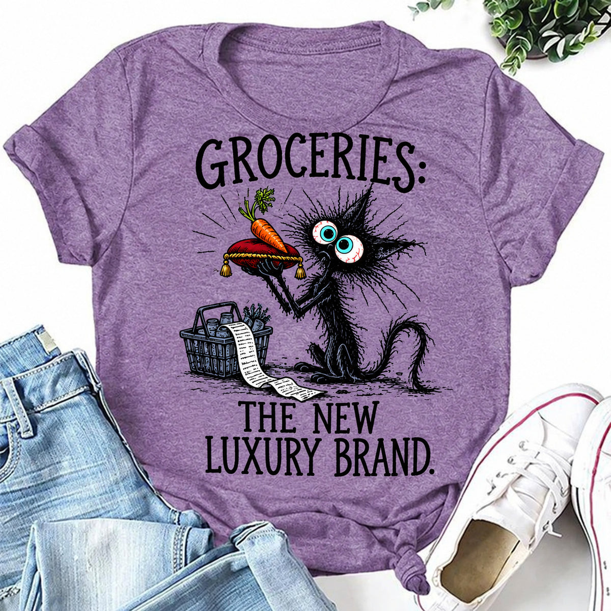 Purple women's T-shirt with Groceries: The New Luxury Brand graphic