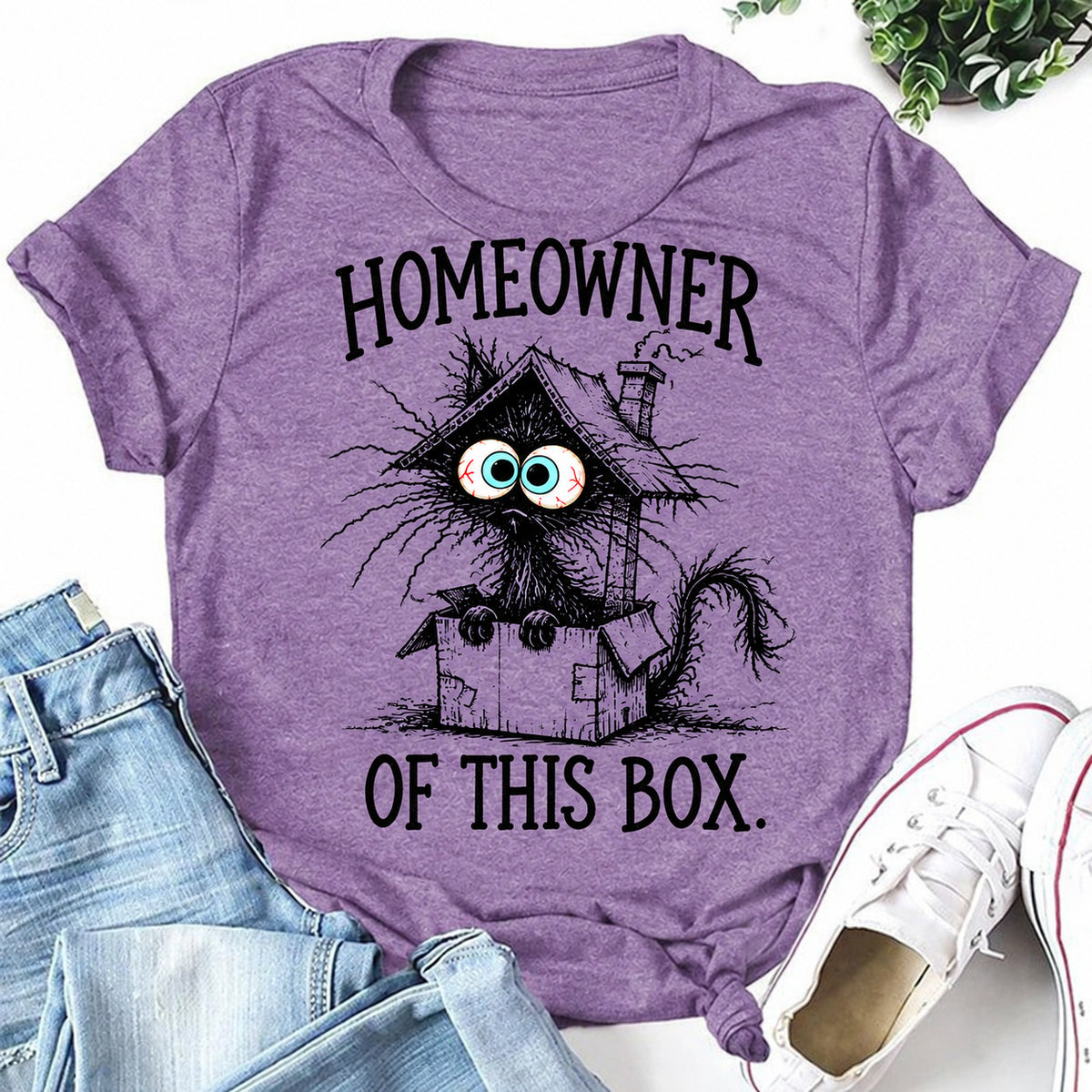 Purple women's T-shirt with Homeowner Of This Box graphic