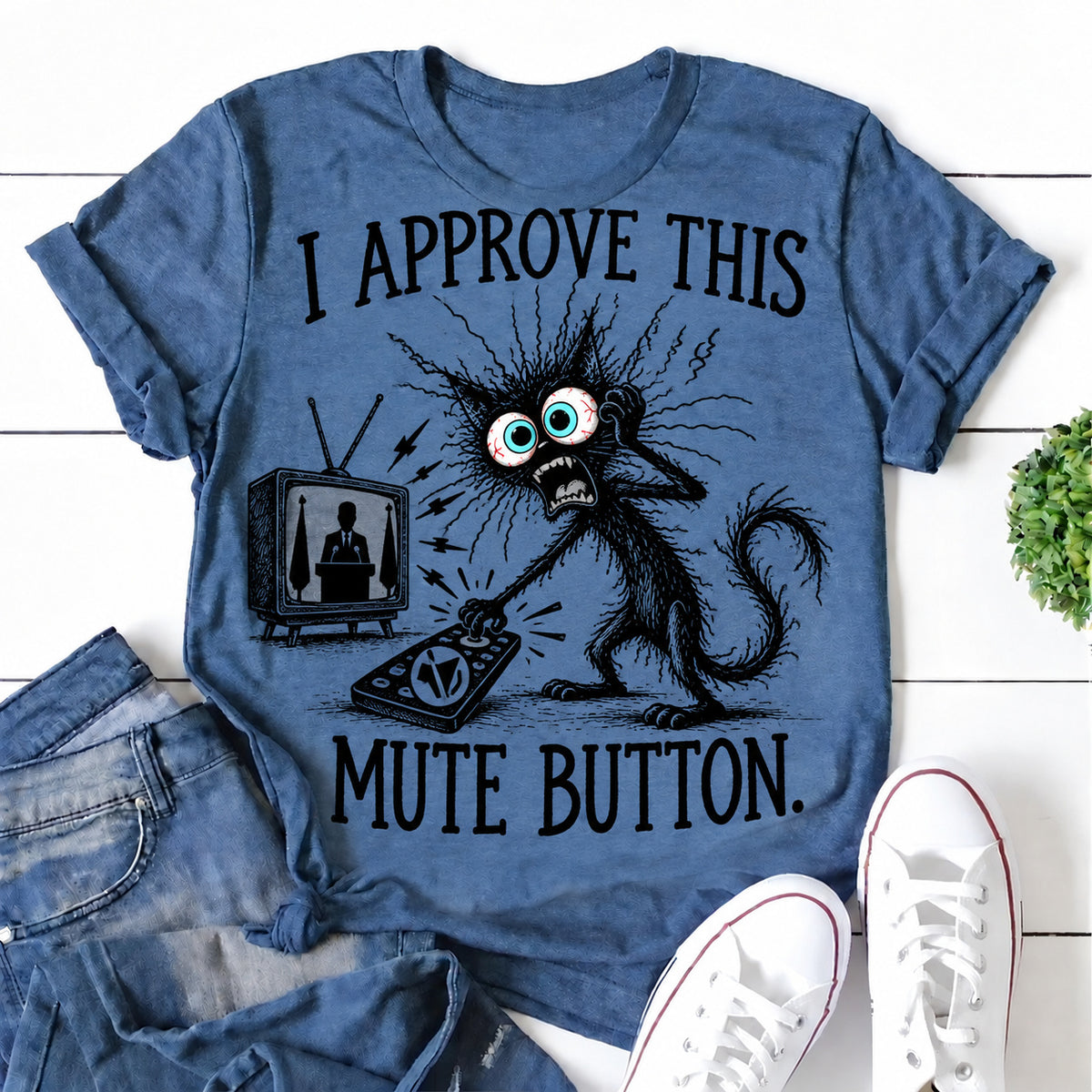 Blue women's T-shirt with I Approve This Mute Button graphic