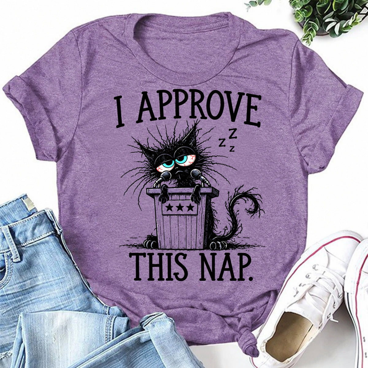 Purple women's T-shirt with I Approve This Nap graphic