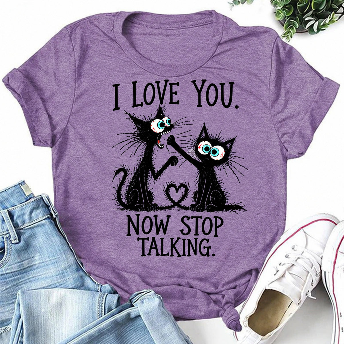 Purple women's T-shirt with I Love You. Now Stop Talking graphic