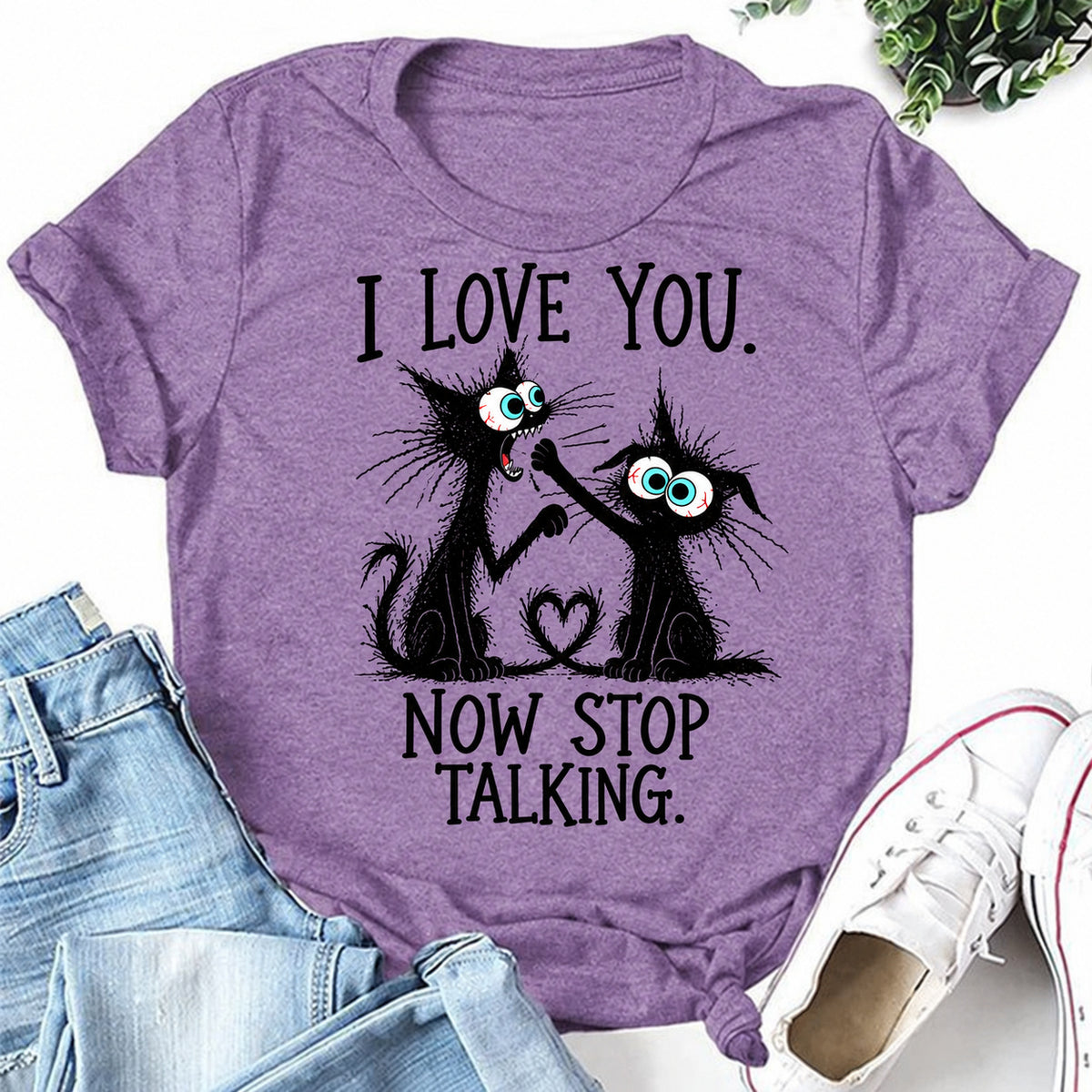 Purple women's T-shirt with I Love You. Now Stop Talking graphic