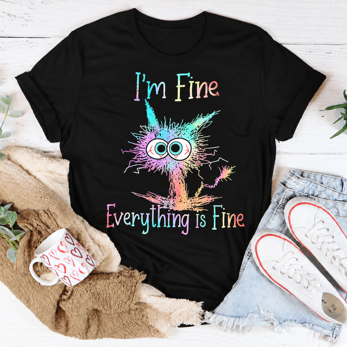 Black women's T-shirt with I'm Fine Everything Is Fine graphic