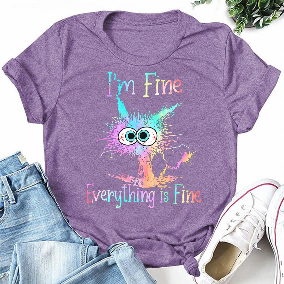 Purple women's T-shirt with I'm Fine Everything Is Fine graphic