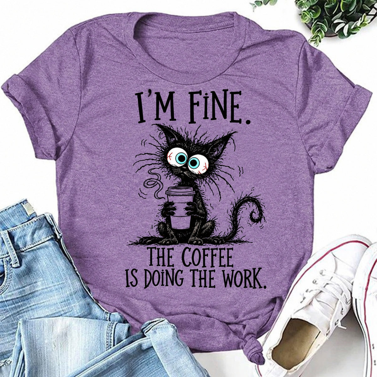 Purple women's T-shirt with I'm Fine. The Coffee Is Doing The Work graphic
