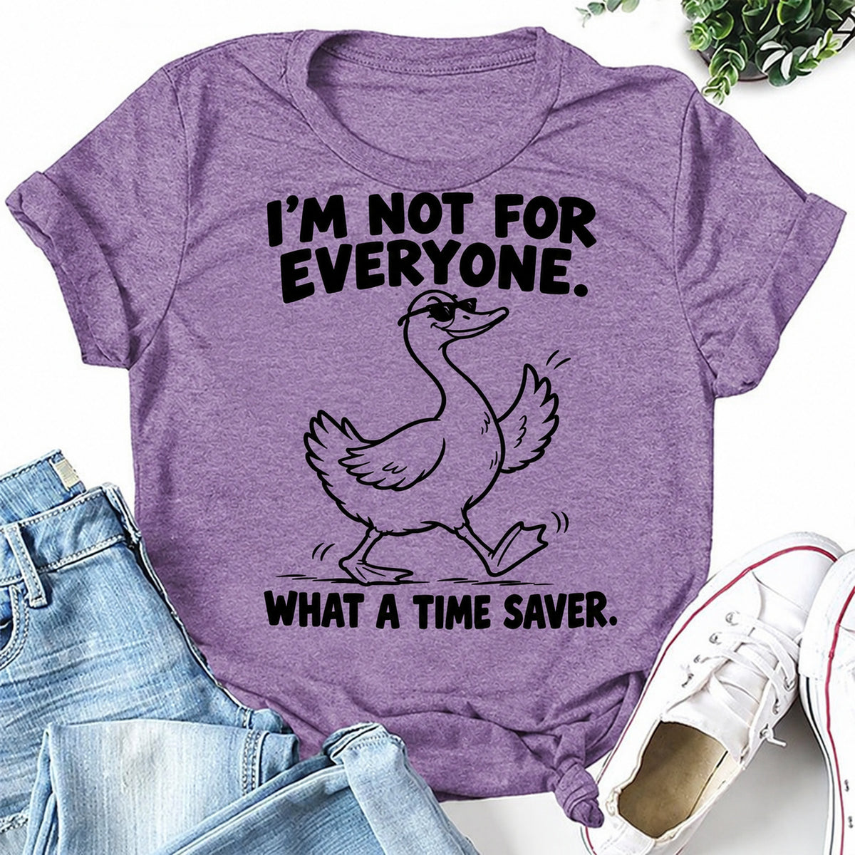 Purple women's T-shirt with I'm Not For Everyone. What A Time Saver graphic