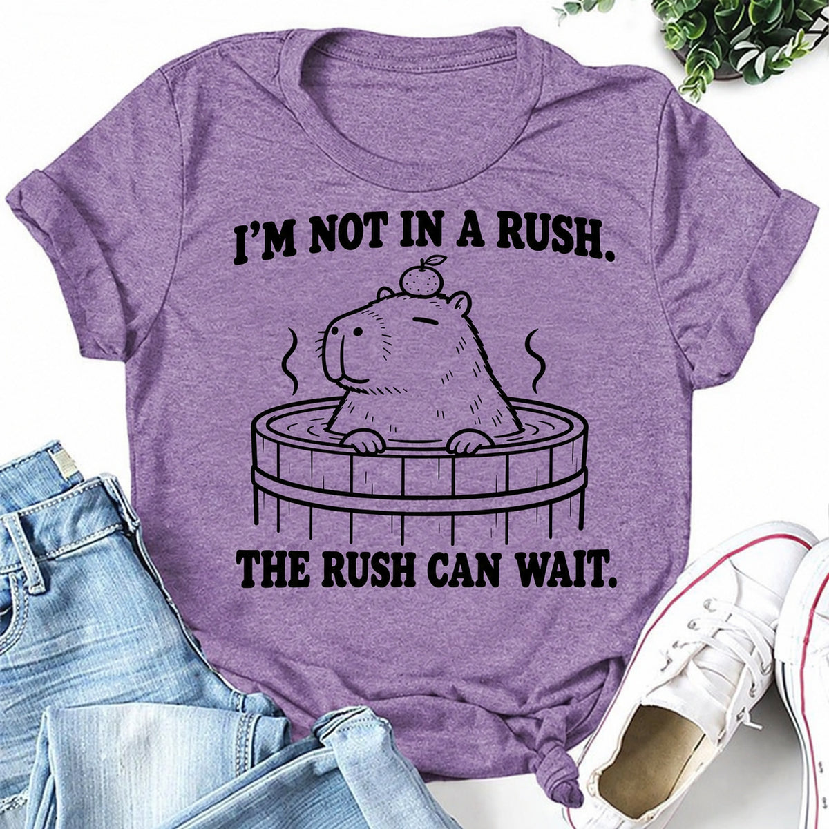 Purple women's T-shirt with I'm Not In A Rush. The Rush Can Wait graphic