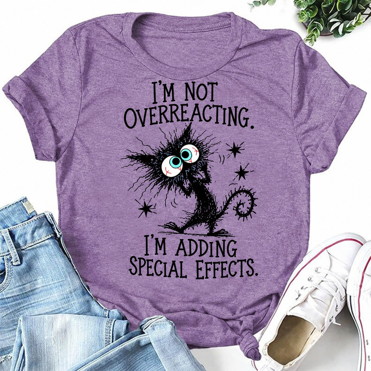Purple women's T-shirt with I'm Not Overreacting. I'm Adding Special Effects graphic