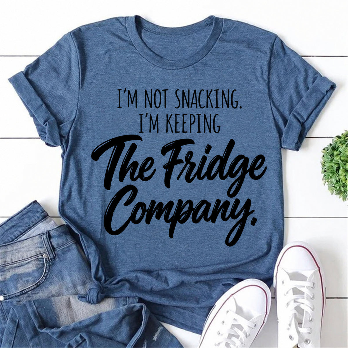 Blue women's T-shirt with I'm Not Snacking. I'm Keeping The Fridge Company graphic