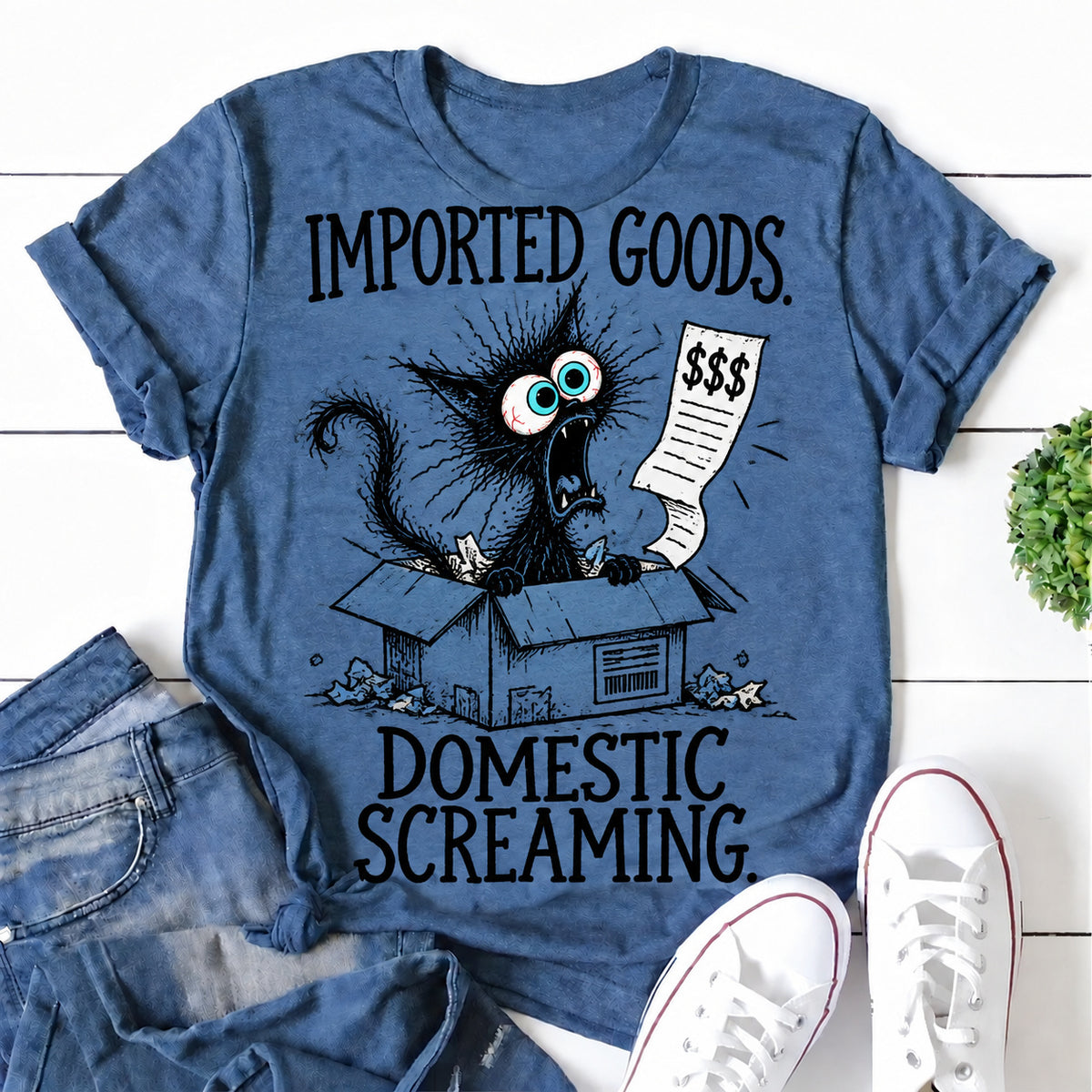 Blue women's T-shirt with Imported Goods. Domestic Screaming graphic
