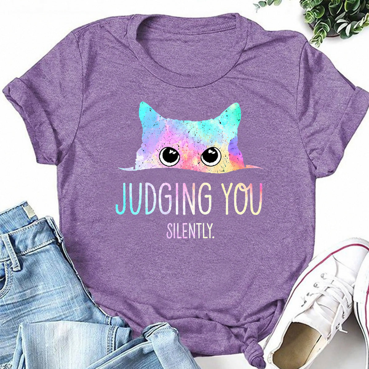 Purple women's T-shirt with Judging You Silently graphic
