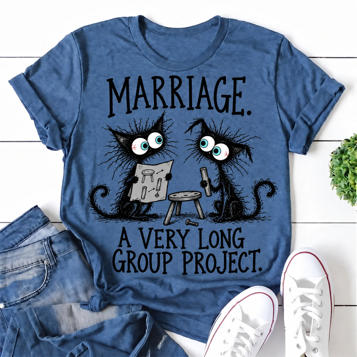 Blue women's T-shirt with Marriage. A Very Long Group Project graphic